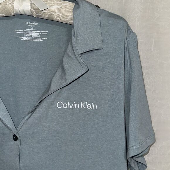 CK L Slate Seafoam Blue Modal Blend Notched Collar Short Sleeve Top Wide Leg PJ - Picture 8 of 16